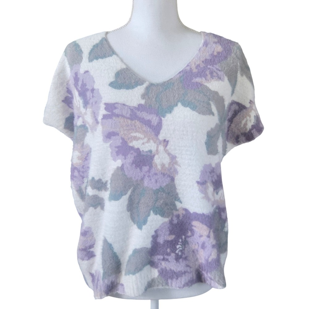 Ivory Purple Floral Dolman Tee V-Neck Knit Blouse Pastel Grandmacore Cottagecore